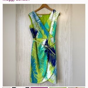 Maggie London Tropical Palm Print Wrap Style Dress Size 8